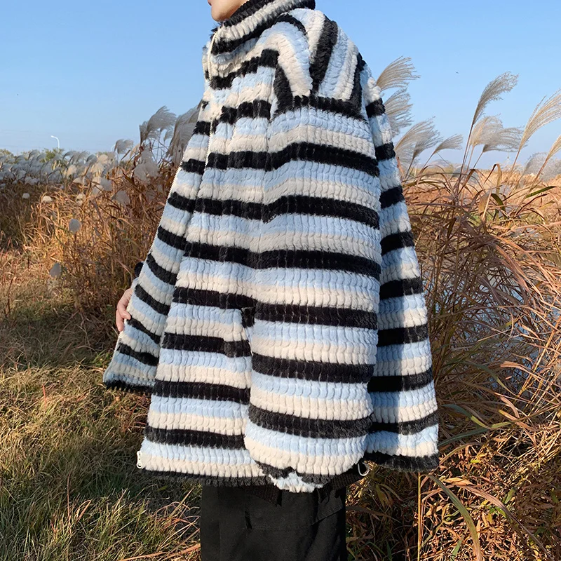 Winter Jacket Men Warm Fashion Plush Thick Stripe Jacket Men Streetwear Korean Loose Thicken Short Coat Mens Parker Clothes