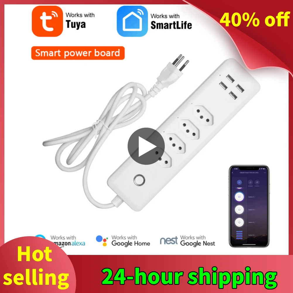 

Brazil Standard Wifi Smart Power Strip 4 Outlets with 4 USB Charging Port Timing App Voice Control Work with Alexa Google