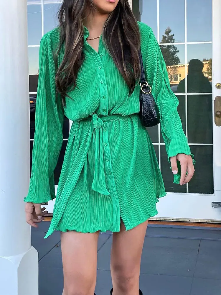 

Sexy Pleated Flower Print Lace Up Women Mini Dress Summer 2023 Y2K Long Sleeve Cardigan Dress Female Elegant Lady Party Dresses