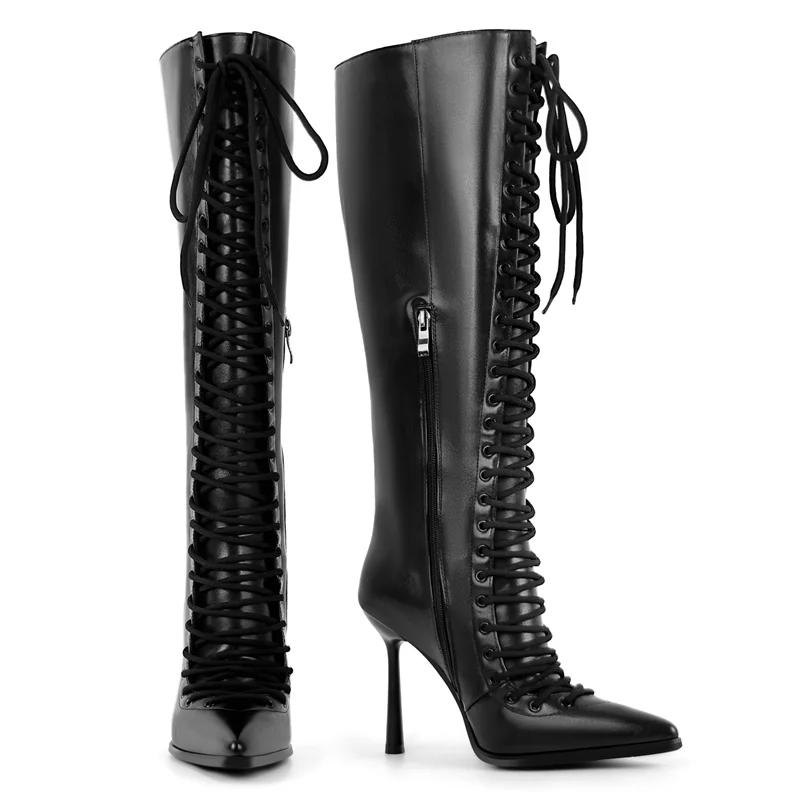 Фото Onlymaker Сапоги до колена из искусственной кожи с острым носком на шнуровке Модные элегантные ботинки на тонком каблуке с боковой молнией №3