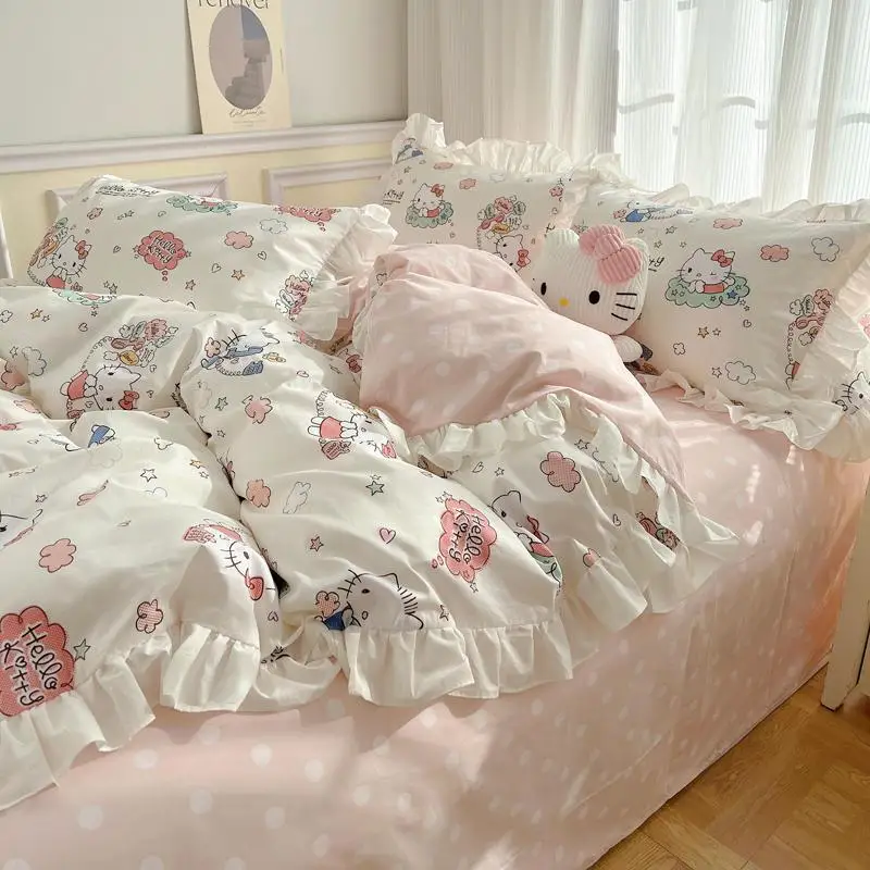 Sanrios Hellokittys Anime Kawaii Peripheral Cotton Four-Piece Set Bed Sheet Bed Kasa Antibacterial Anti-Mite Bedcover Pillowcase