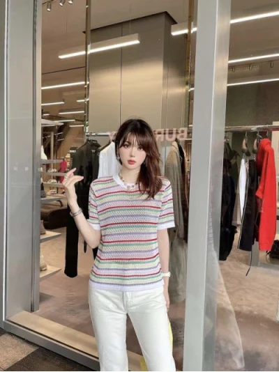 

2022 women summer new colorful striped hollow short-sleeved knitted top round neck T-shirt