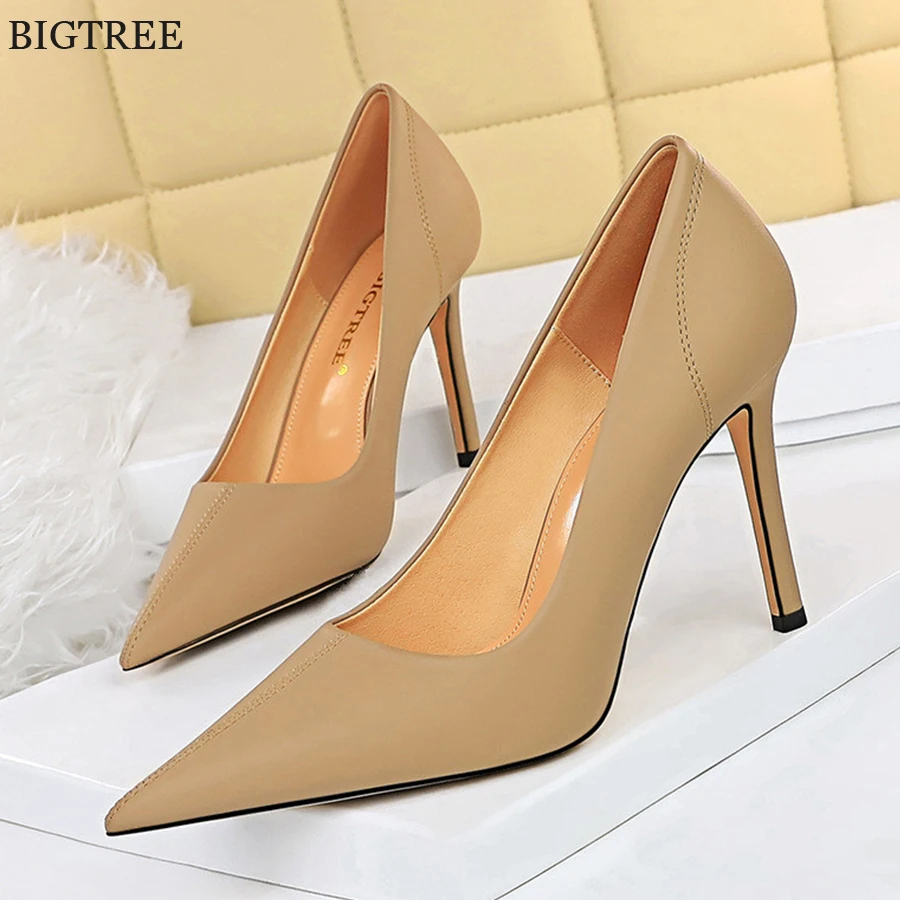 

BIGTREE Shoes 2022 New Pointy Toe Women Pumps Black Khaki Soft PU Leather Fashion Stiletto High Heels Office Ladies Autumn Shoes