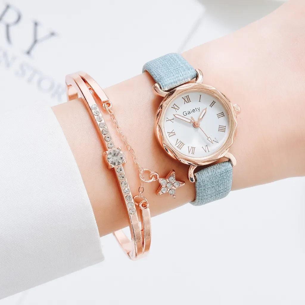 Brand 2pcs Set Casual Watch For Women Rhinestone Bracelet Watch Leather Ladies Wrist Clock Simple Dress Gfit Montre Femme