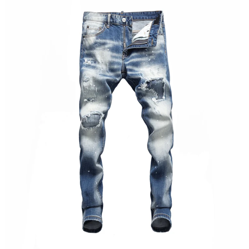 Street Fashion Men Jeans High Quality Retro Light Blue Elastic Skinny Fit Ripped Jeans Men Patched Designer Hip Hop Brand Pants