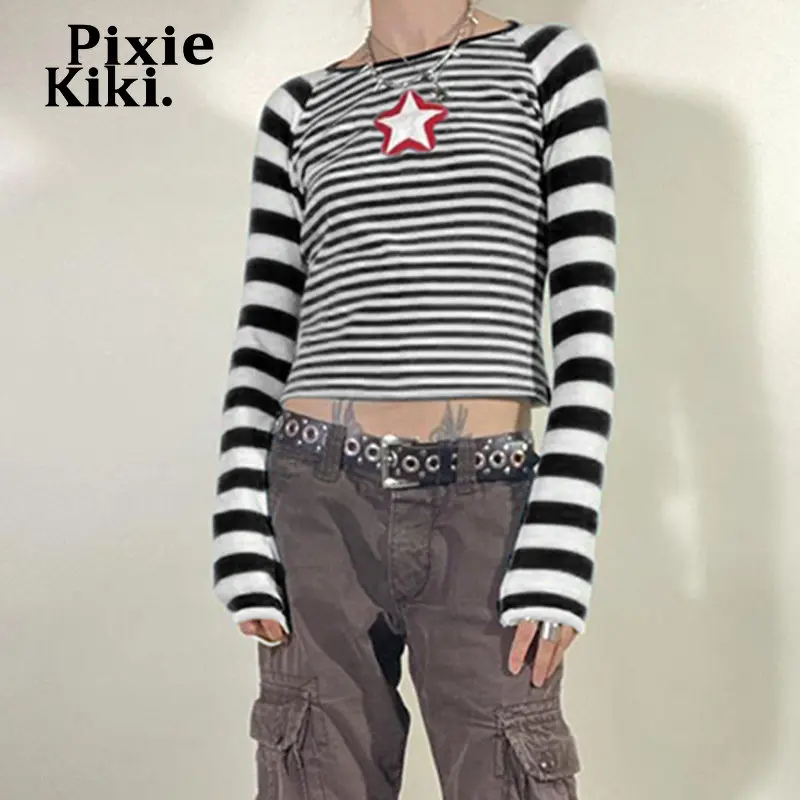 Футболка женская полосатая с вышивкой в виде звезд Y2k |