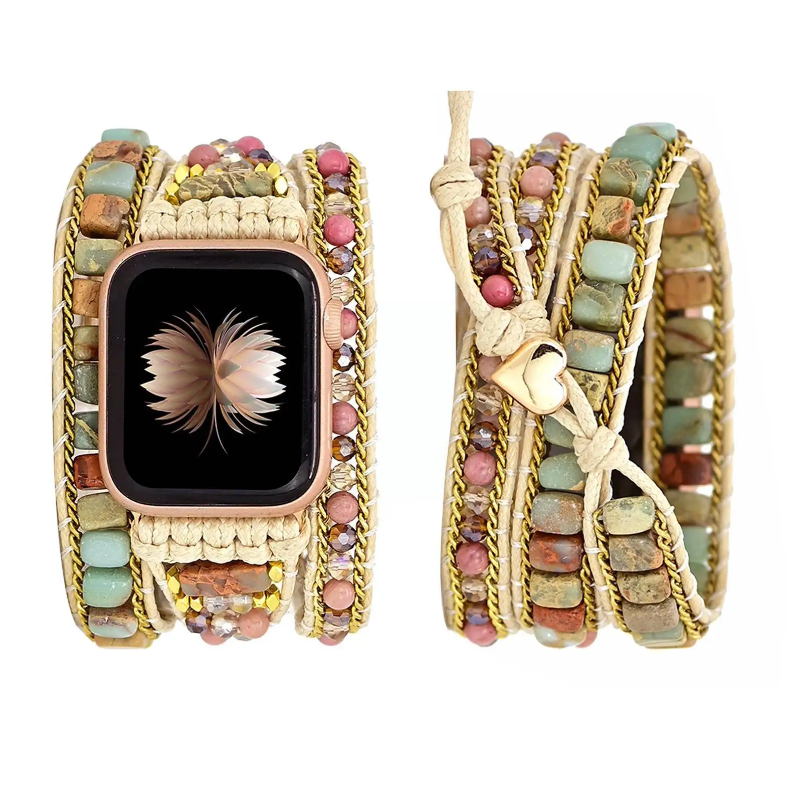 

Bohemian Style Natural Stone Strap 3 Layer Winding Loop Bracelet Women Watchbands for Apple watch Band P5A7