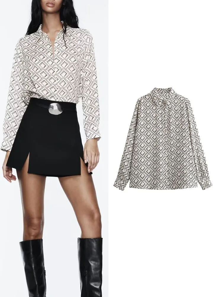 

TRAF Women Fashion Printed Geometric Blouses Vintage Loose Long Sleeve Button-up Female Shirts Chic Lapel Tops 2023 New