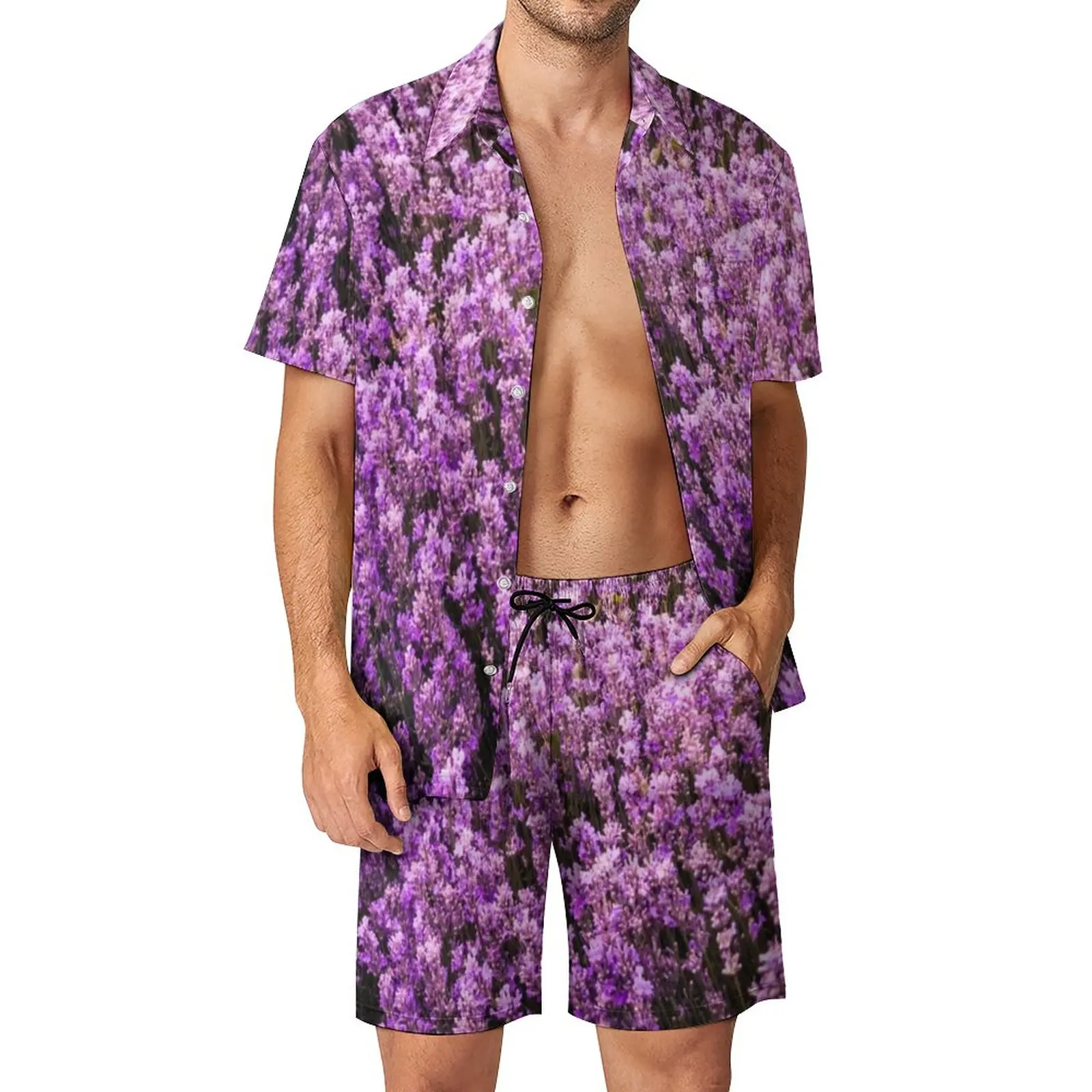 

Pretty Lavender Field Men Sets Floral Print Casual Shirt Set Hawaiian Vacation Shorts Design Suit 2 Piece Clothes Plus Size