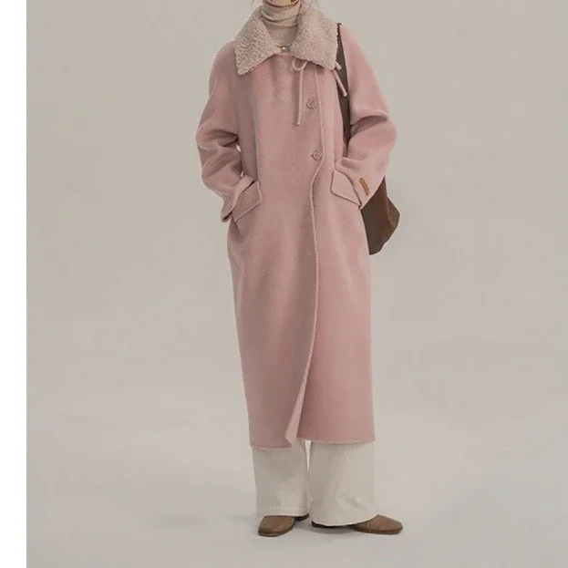 Французское шерстяное пальто в стиле Хепберн пэчворк с меховым воротником