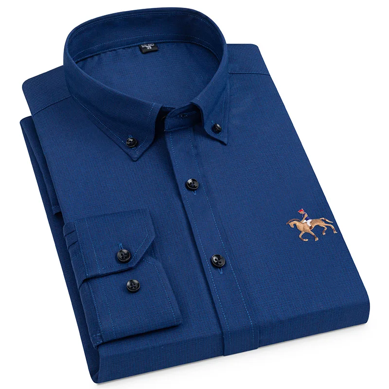 Fashion Men's Luxury Social Shirt Long Sleeve Comfort Soft Formal Dress Slim Fit Embroidery Horse Without Pocket Non-iron Man