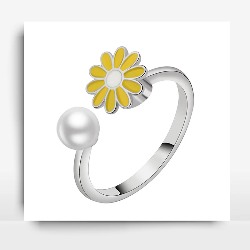 

Small Daisy Rotate Rings For Women's Pearl Open Finger Ring Fashion Jewelry Gifts Adjustable Relieve Anxiety Pink White Yellow