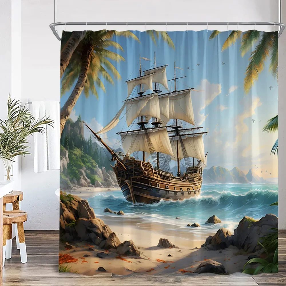 Парусная лодка морские занавески для душа волна маяк остров приключения морская