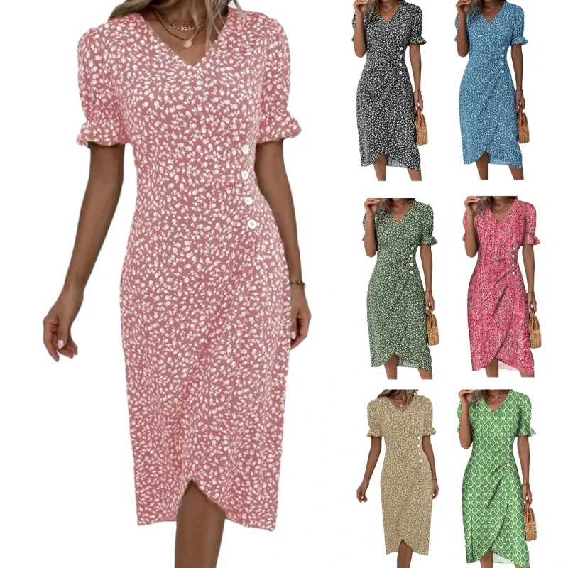 

Женское облегающее платье с запахом, длинное платье с коротким рукавом, V-образным вырезом, пуговицами, рюшами и разрезом, Y1QD