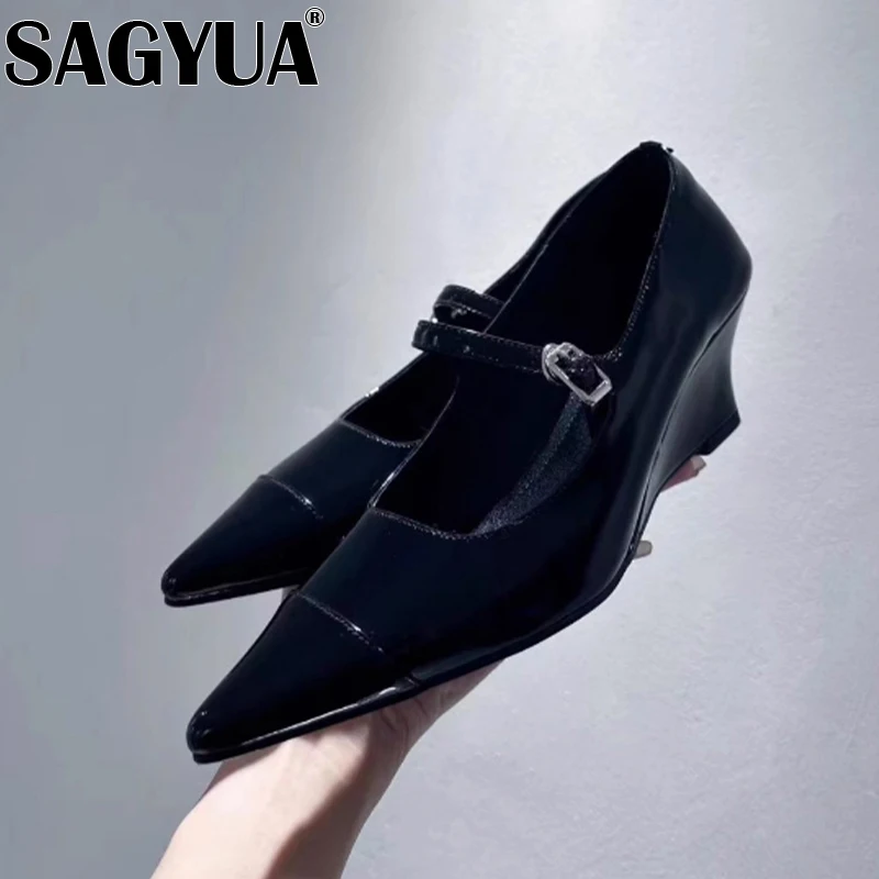 Сексуальная женская обувь на танкетке с острым носком кожаные сандалии высоком