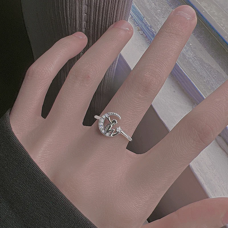 

PANJBJ 925 Sterling Silver Stars and Moon Adjustable Girlfriends INS Light Luxury Index Finger Ring