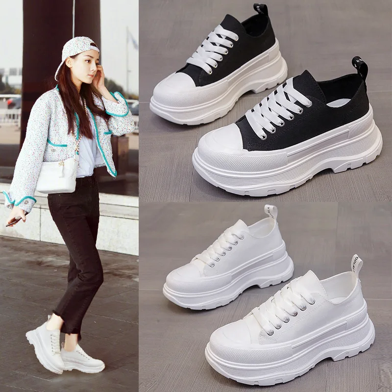 

2022 Thick-soled Canvas Shoes Spring New Women's Shoes Casual Heightening White Shoes Fashion All-match Temperament Sneakers