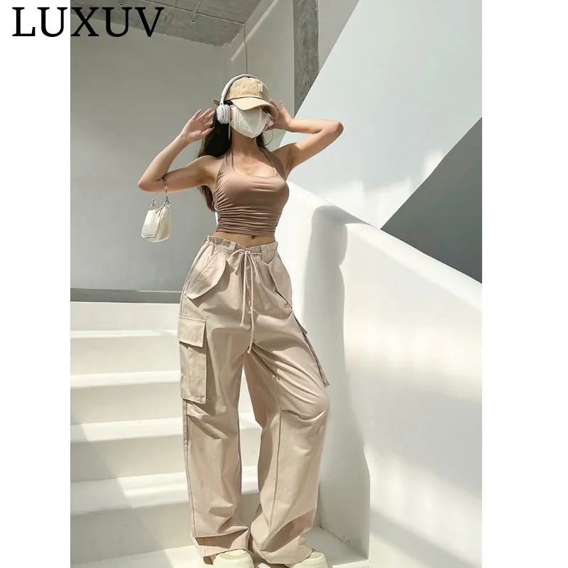 

LUXUV Vintage Women's Cargo Pants Solid Color Streetwear Low Waist Trousers Female 2023 Design Overalls Baggy Straight Pants