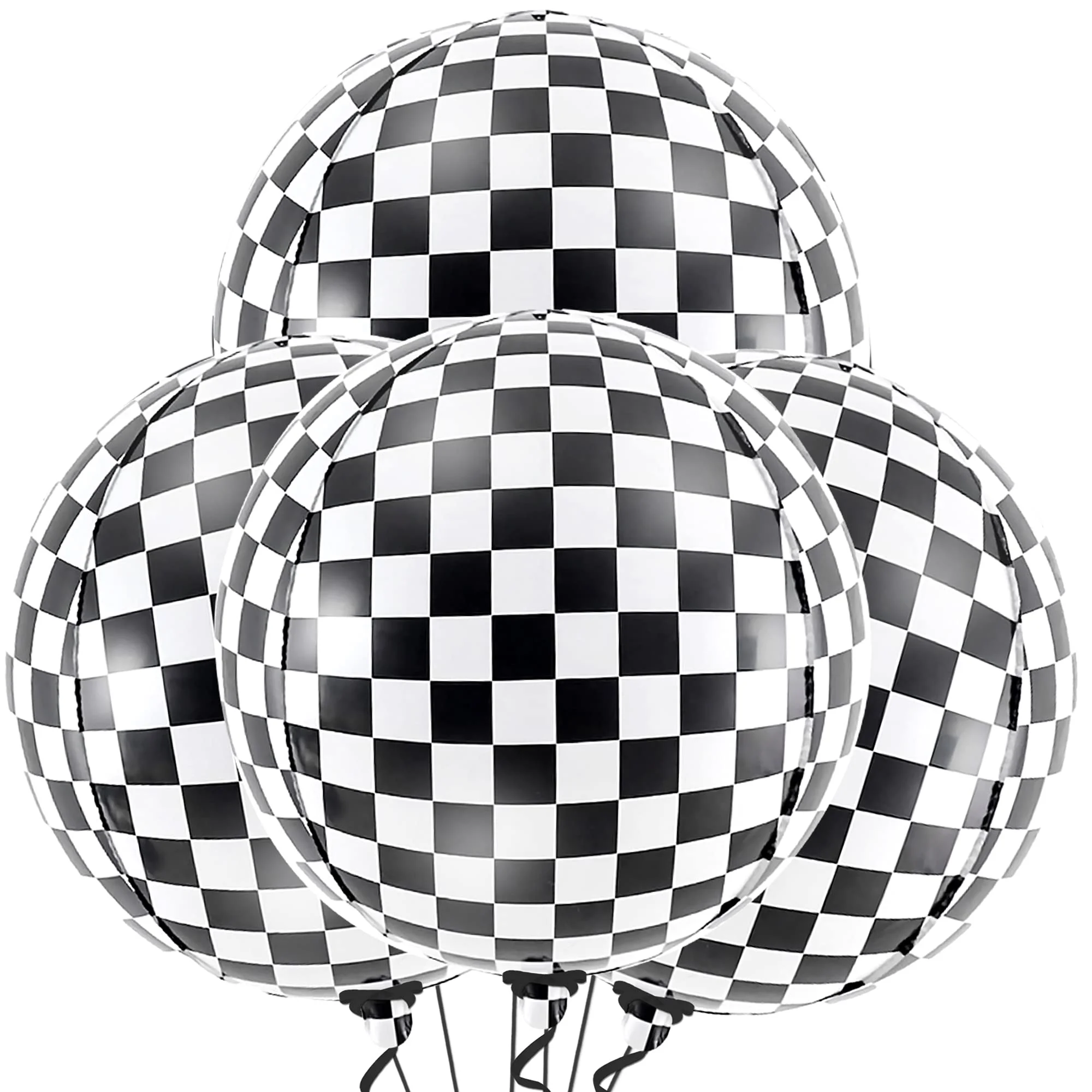 4pcs 22 Inch 4D Black and White Checkered Balloons Race Car Party Decoration Racing Theme Supplies 360 Degree Round Sphere Foil