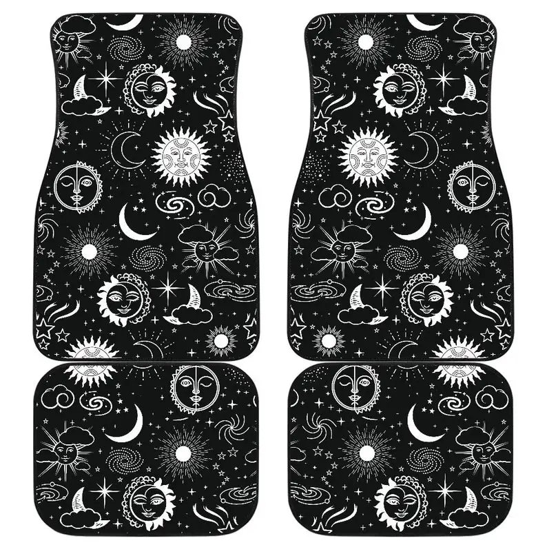 

Black White Celestial Suns Moons Stars Clouds Car Floor Mats Set of 4 | Front and Back Auto Mats | Cute Car Accessories |