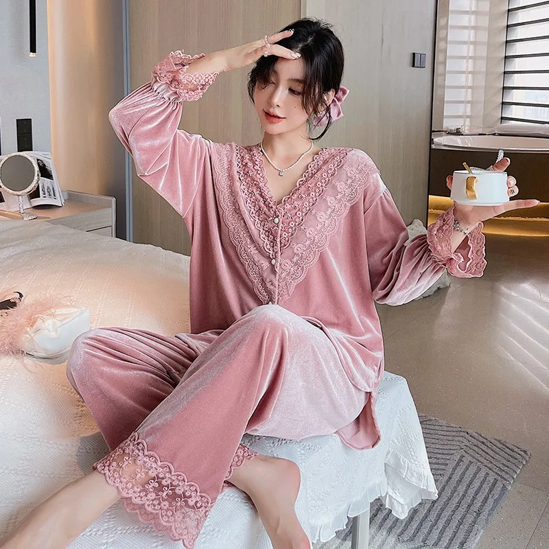 

Velour Pajamas Suit Women Homewear Lace V-Neck 2PCS Sleepwear Autumn Button-Down Loungewear Pyjamas Long Sleeve Sleep Set