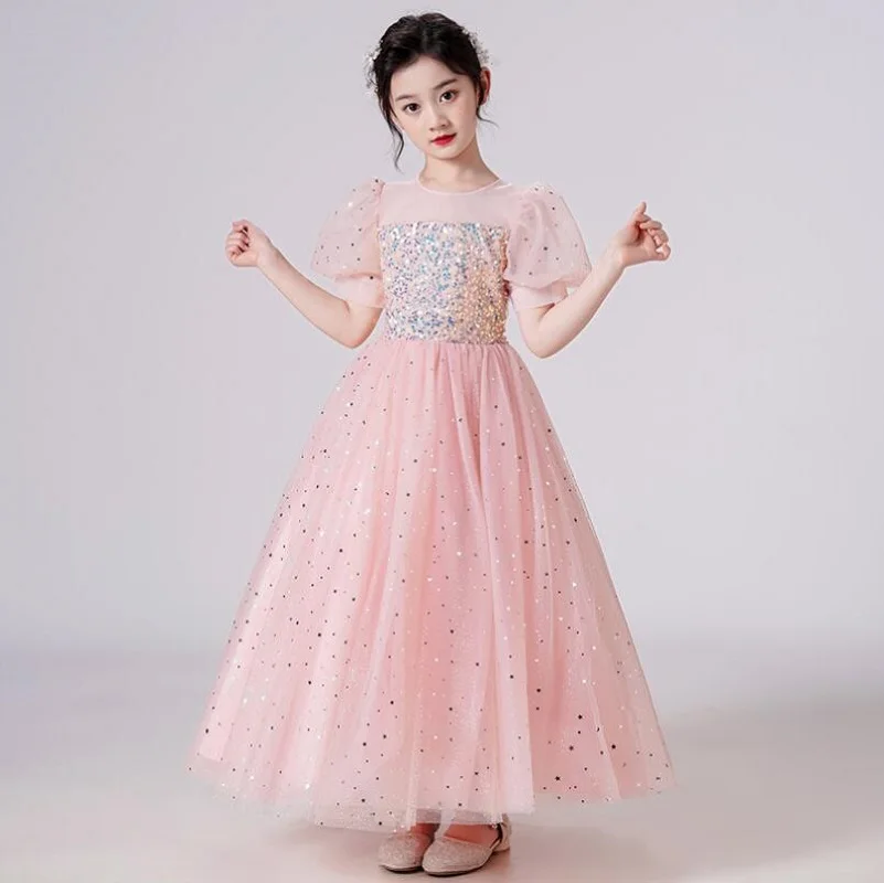 Летнее платье для девочек 5-14 лет платья принцессы с блестками и пышными рукавами