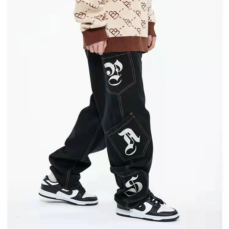 Retro Letter Embroidery Pockets Washed Black Jeans Pants Mens and Womens Ripped Straight Oversized Casual Denim Trousers