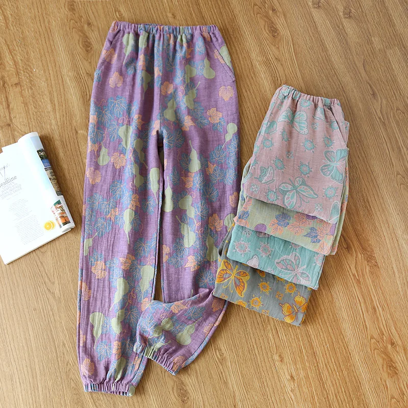 

NHKDSASA 2023 New Spring Autumn Women's Pajamas 100% Cotton Crepe Pants Ladies Double Sided Yarn dyed Beachwear Loose Home Pants