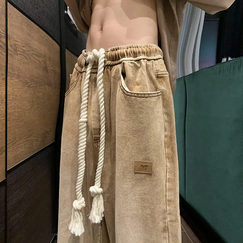 

Vintage Pants Drawstring Elastic Waist Jeans Men's Loose Straight Pants