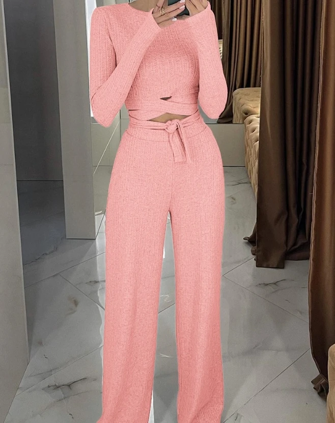 

2 Piece Ribbed Tops and Wide Leg Long Pants Set for Women High Waist Loose fitting Casual Wear Daily Commuting Autumn New 2023