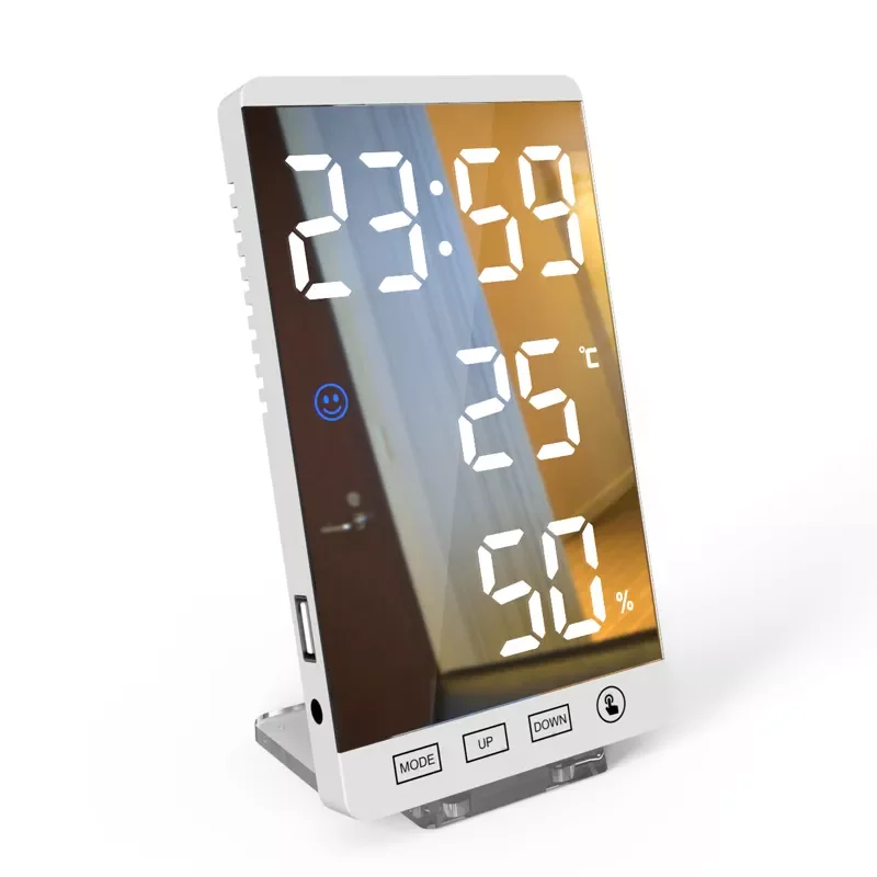 

6 Inch Mirror LED Alarm Clock Touch Control Wall Digital Clock Time Temperature Humidity Display USB Desk Watch for Bedroom Home