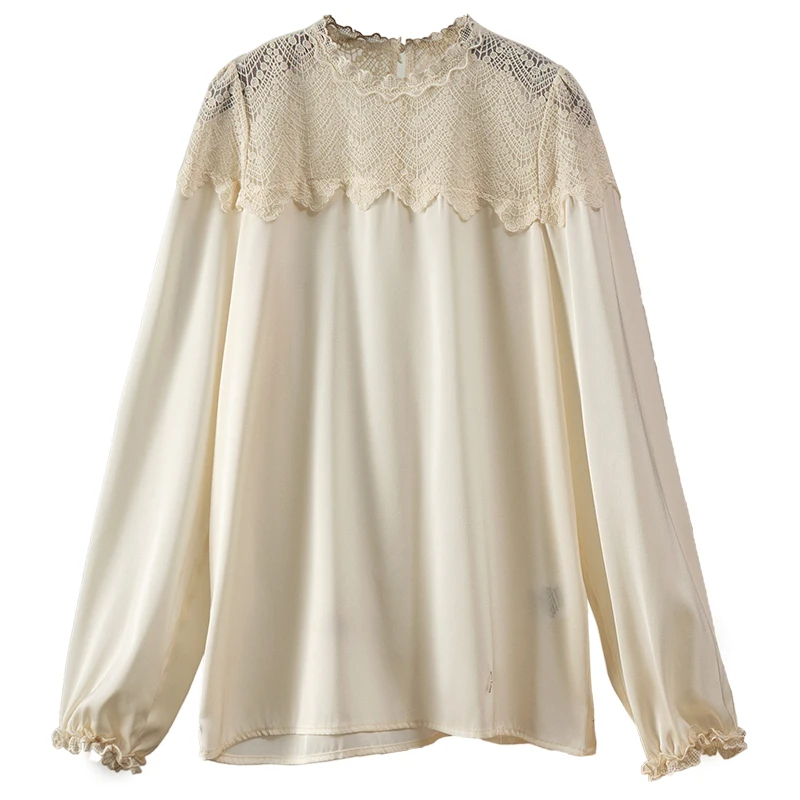 

2023 Spring Vintage Shirts for Women Blusas De Mujer Tops Natural Silk Women Blouse SATIN Patchwork Lace Single-piece Set