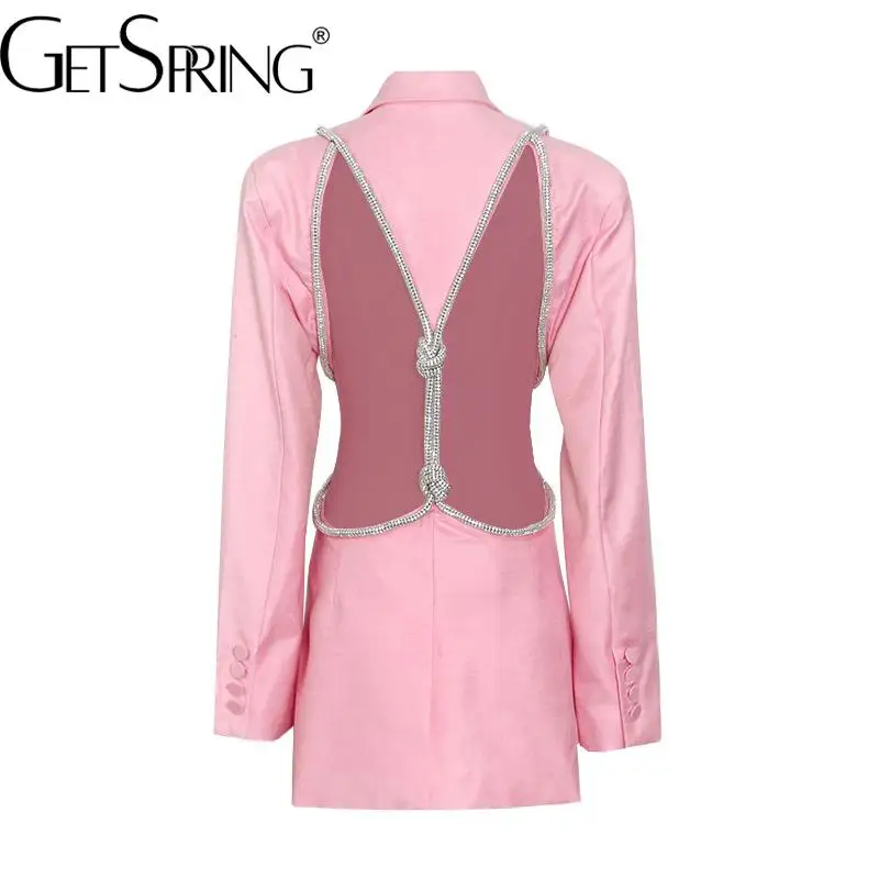 

GetSpring Women Blazer Single Buton Full Sleeve Backless Diamond Ladies Suit Coat Fashion Loose Long Sexy Women's Suit Jacket