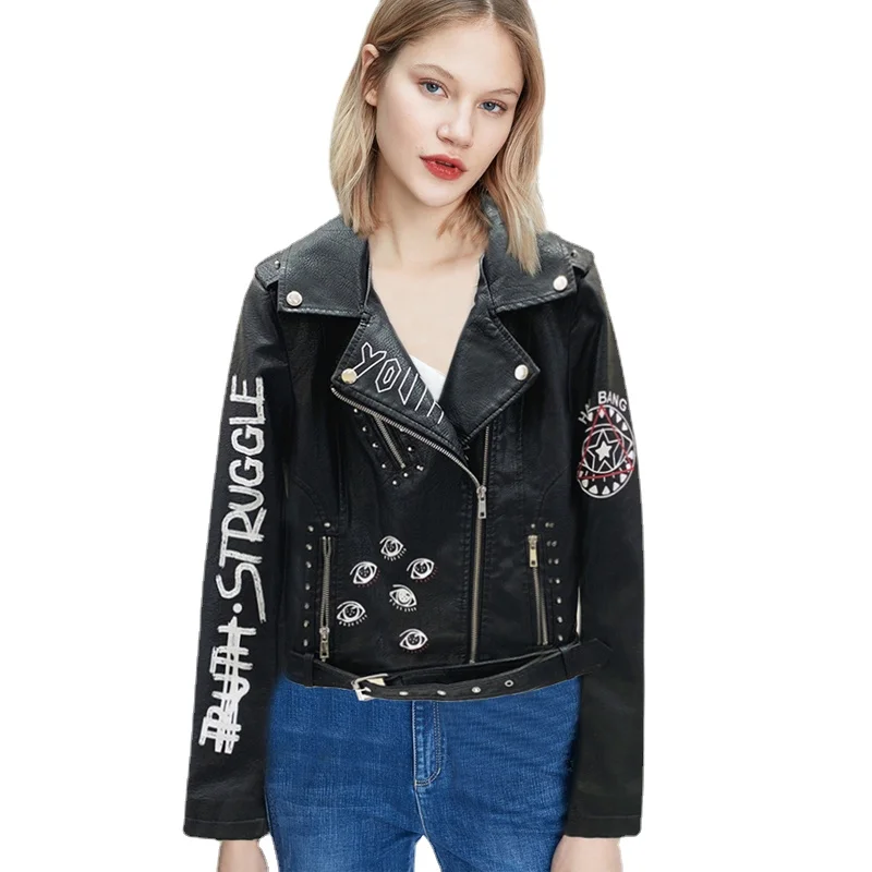 

2022 New Graffiti Rivet Letters Locomotive Leather Jacket Fashion Women Short Jackets PU Leather Waterproof Cool Coat Dropship