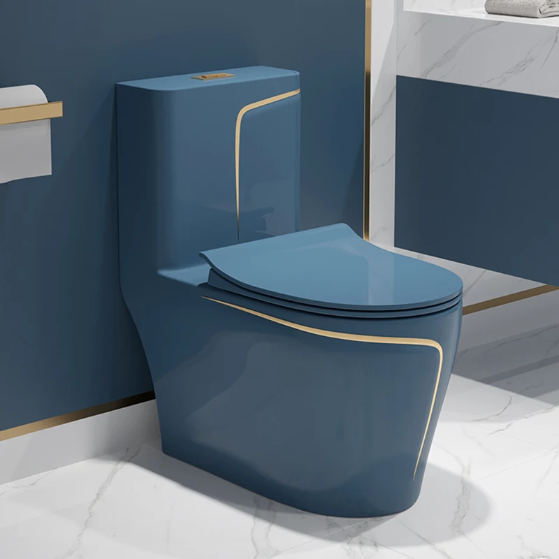 

Modern design water closet sanitary wares rimless gold blue toilet bowl ceramic one piece round bathroom wc toilet
