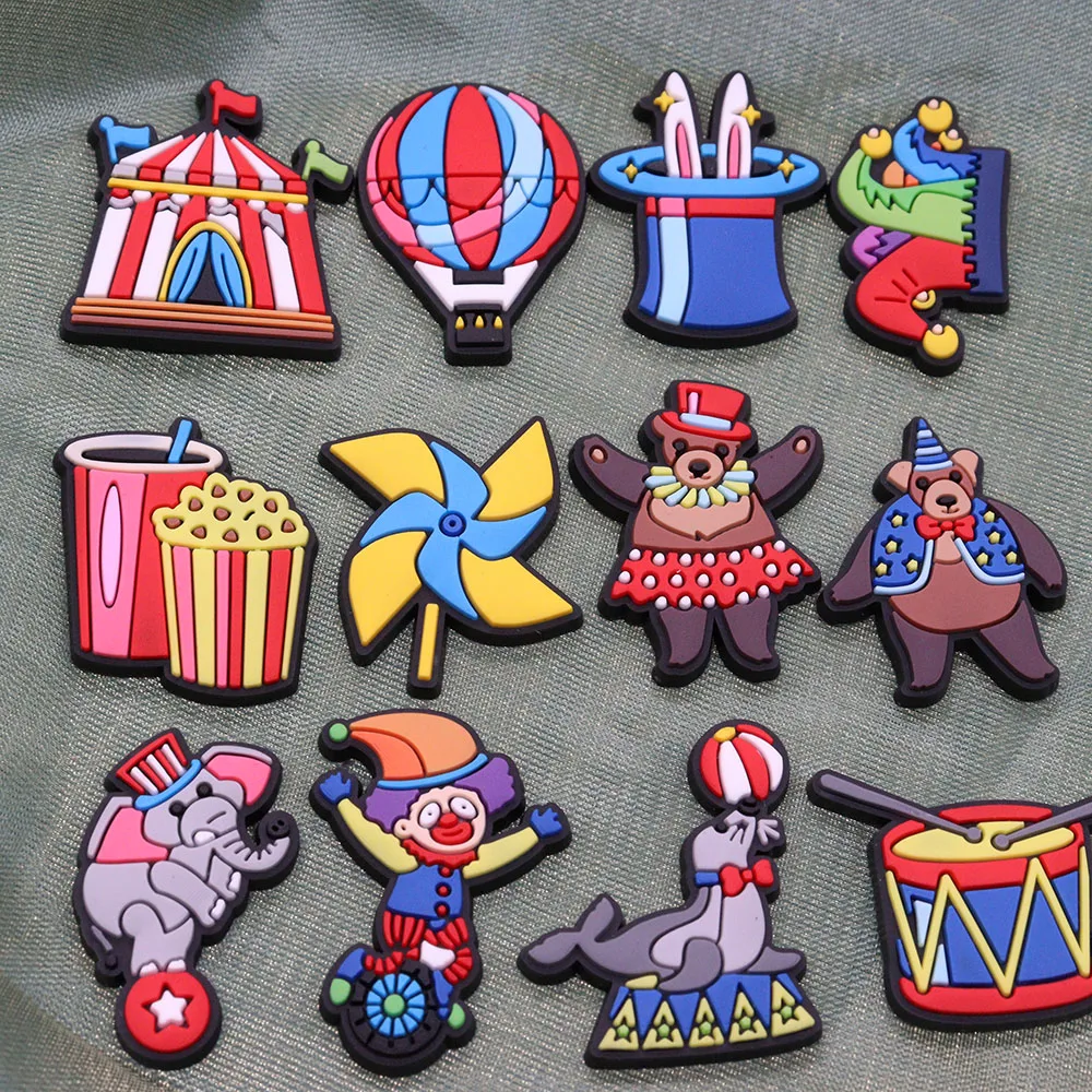 

1-12Pcs PVC Croc Jibz Buckle Circus Popcorn Tent Elephant Seal Bear Drum Windmill Clown Sandals Shoes Decoration Fit Wristbands
