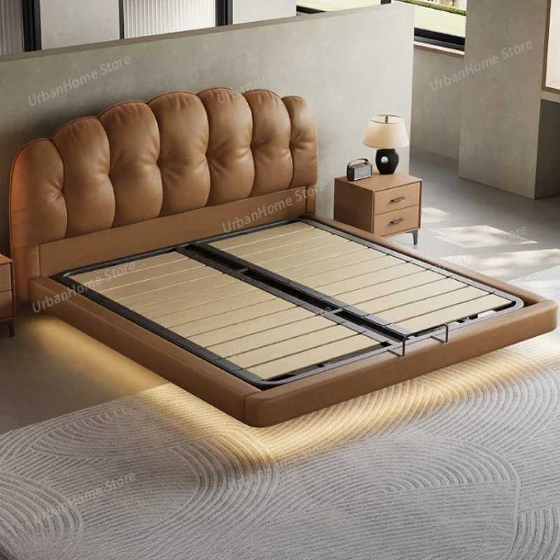 Фото Роскошная кровать-чердак King Size с кожаной спинкой, двойным местом, подсветкой и местом для хранения, для взрослых, мебель для спальни №3
