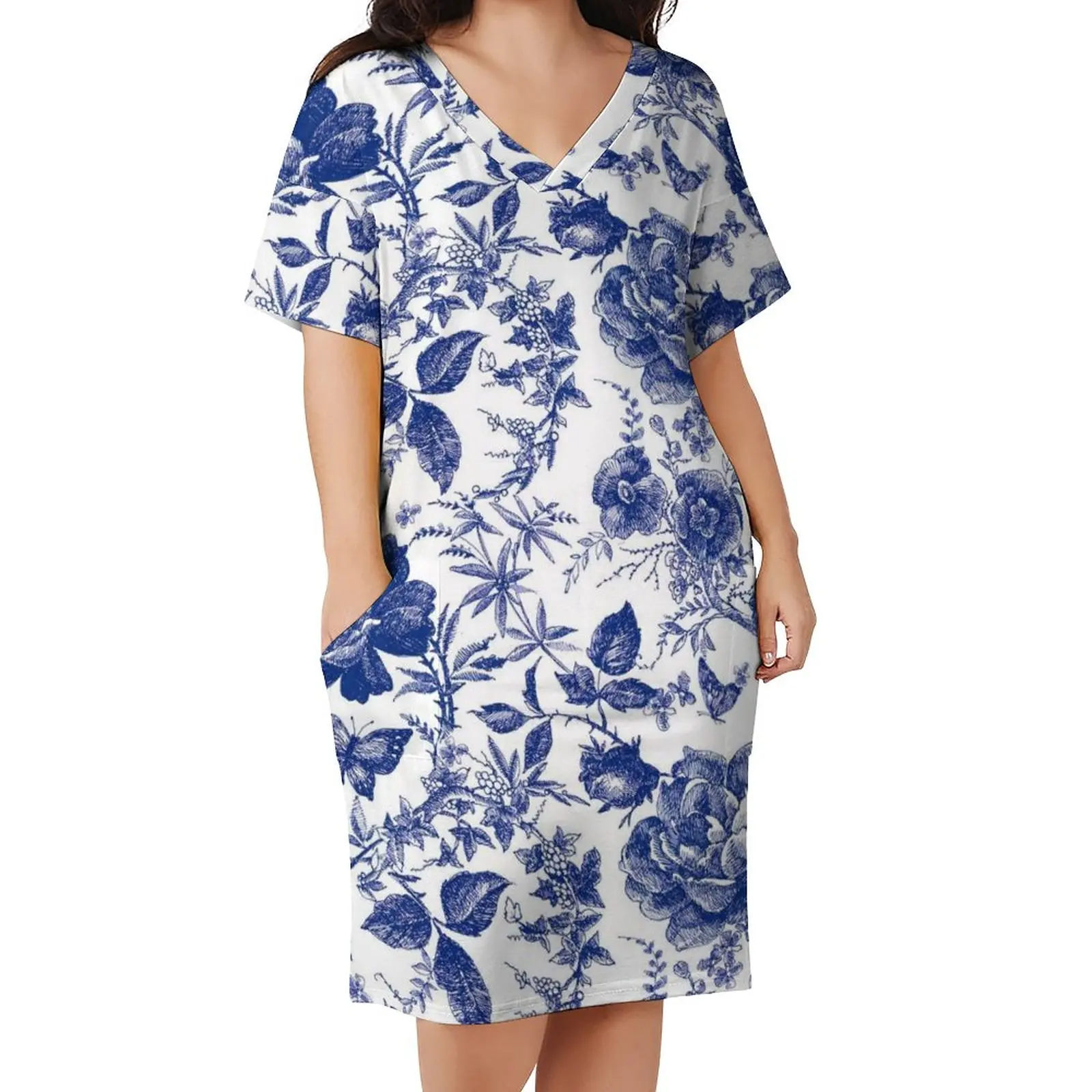

Butterfly Dress V Neck Vintage Blue Flower Sexy Dresses Woman Street Style Print Casual Dress With Pockets Plus Size 5XL