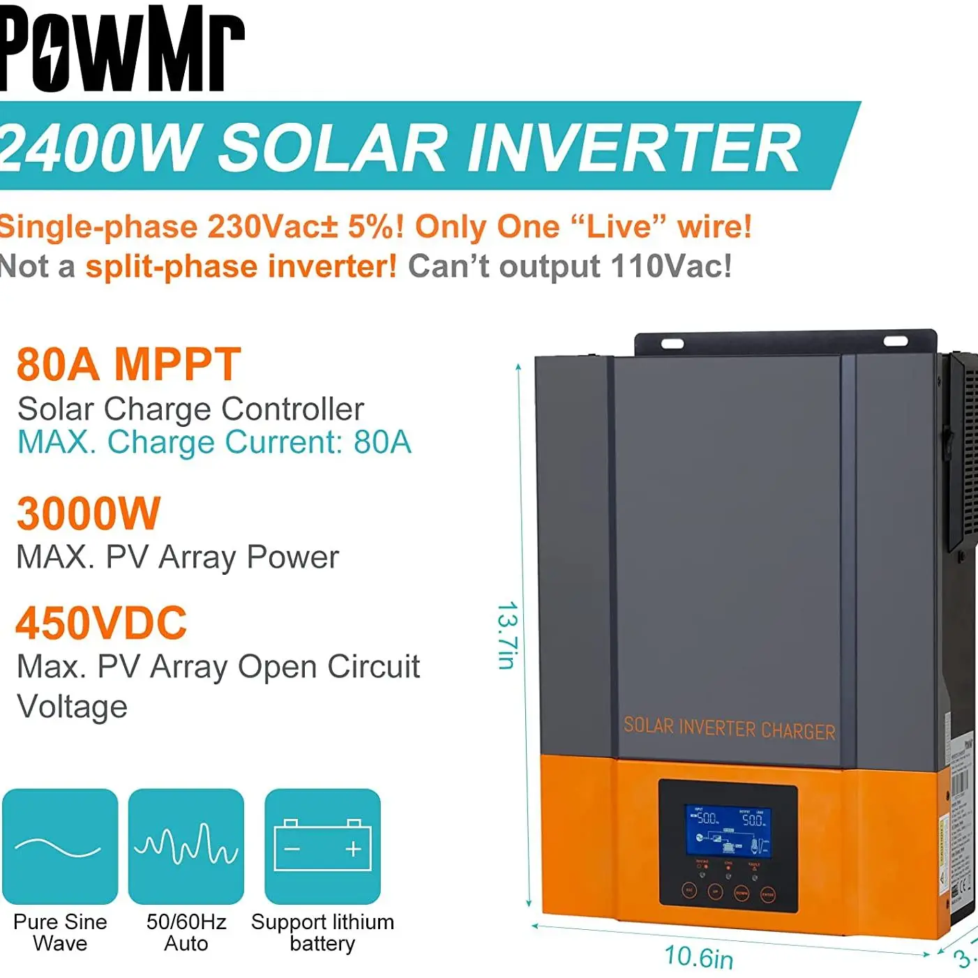 

POWMR Wide Voltage MPPT 80A 2400W Solar Charger Controller High Frequency Hybrid Inverter 230V Output Max PV 450V Battery Charge