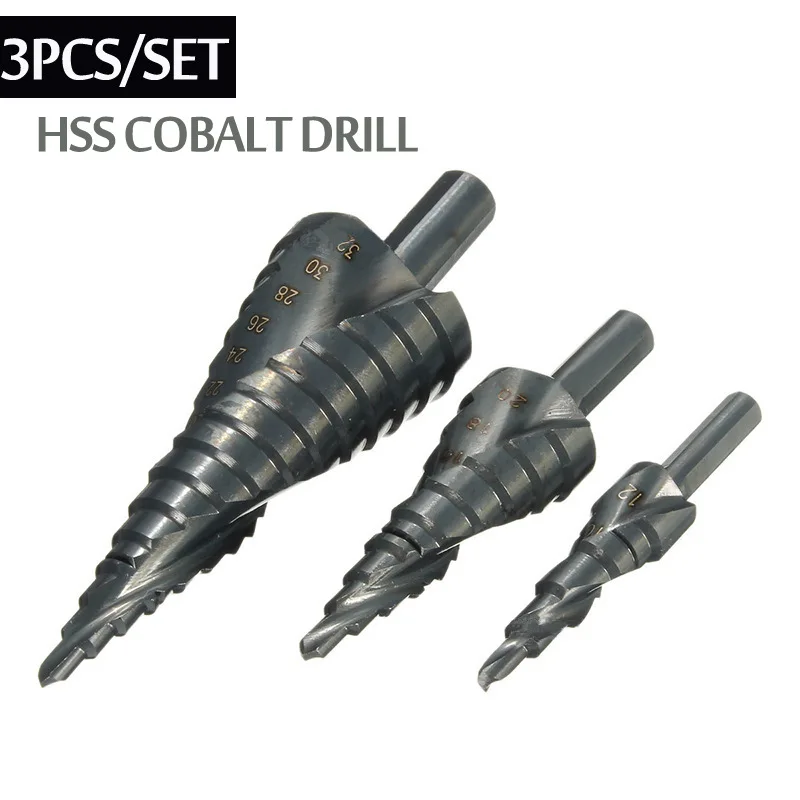 

3Pcs/Set Of 4-32Mm High Speed Steel Cobalt Stepped Bit Set Of Nitrogen Steel Spiral Metal Cone Triangle Shank Hole drills