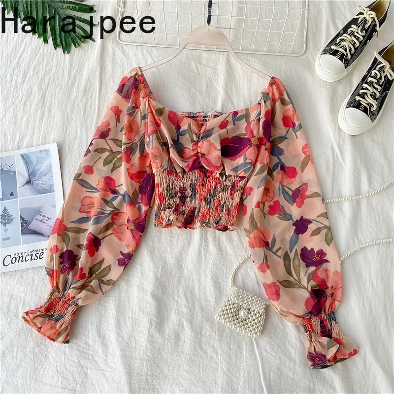 

Harajpee Printing Chiffon Shirt Vintage Fungus Square Collar Long Sleeve Slim Short Women Pullover Spring New 2022 Casual Tops