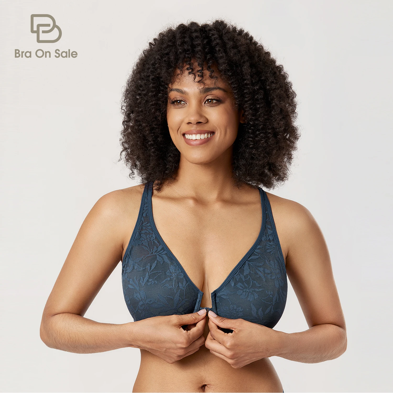 Women's Front Closure Bra Racerback Plus Size Plunge V Neck Unlined Underwire Floral Lace Bras Full Coverage