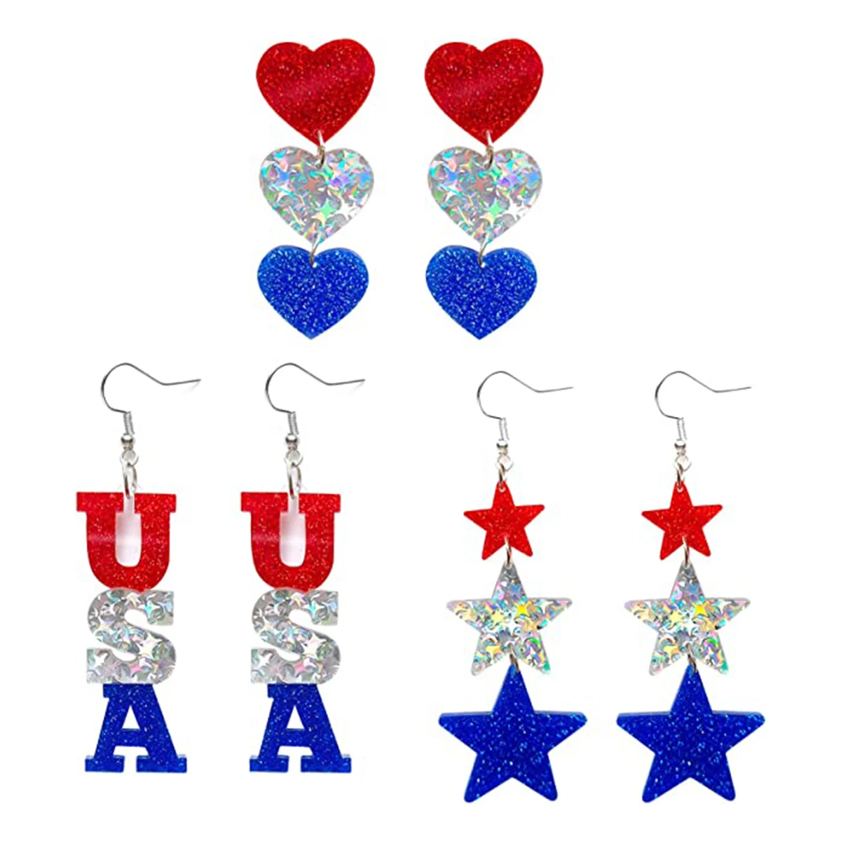 

Patriotic Dangle Drop Stud Earrings Glitter Star Heart American Flag Acrylic Jewelry Women Girls Independence Memorial Day Gift