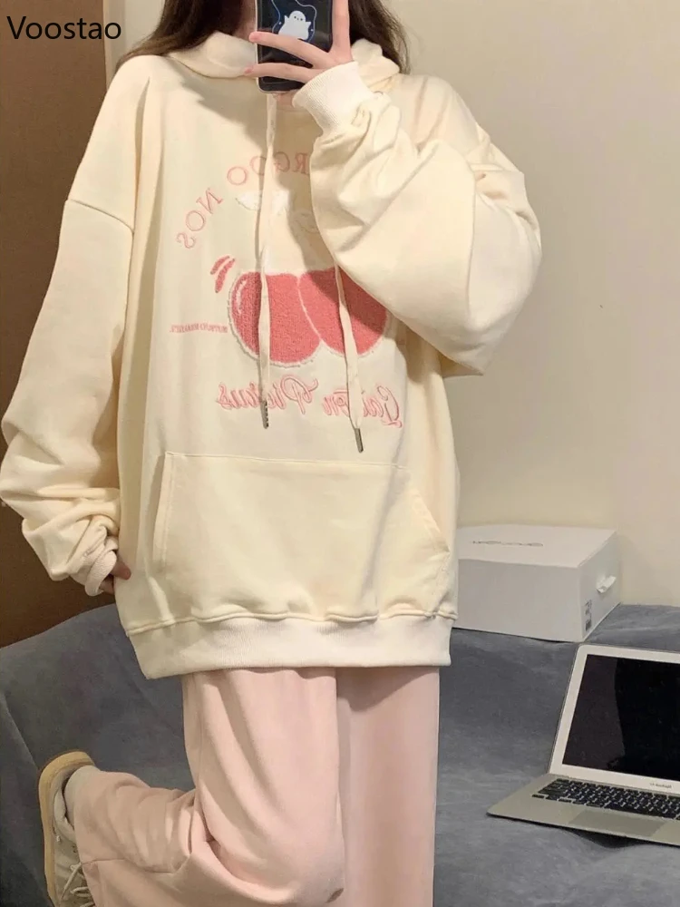 

Повседневные Модные женские толстовки с вышивкой вишни в стиле Харадзюку, милый Свободный пуловер, кавайная толстовка, уличная одежда с кап...