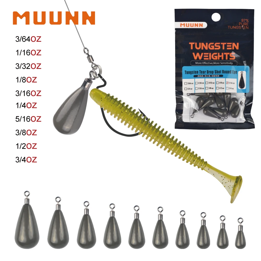 MUUNN 10PCS Tungsten Sinker ,Teardrop Drop,1.3g-21g,Rotatable Line Sinkers Hook Connector,Bass Fishing,Round Eye,Green Pumpkin