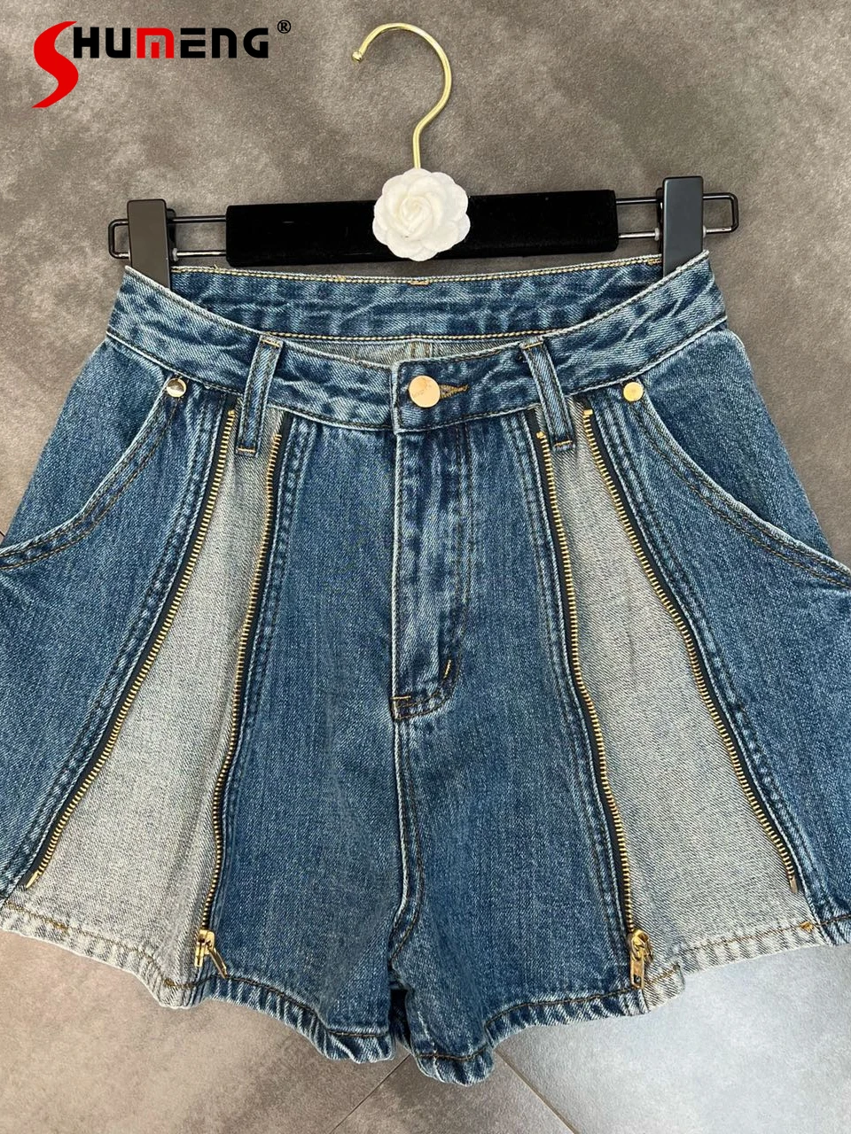 

2022 Summer Fashion Streetwear Color Contrast Patchwork Zipper Decorations Denim Shorts Ladies A-Line Style Slimming Hot Pants
