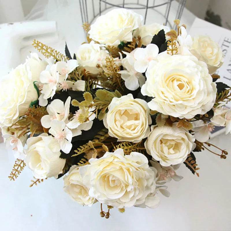 

2pcs Retro Silk Artificial Rose Flowers Bouquet DIY Wedding Home Decoration Party Arrangement Fake Peony Hydrangea Bride Bouquet