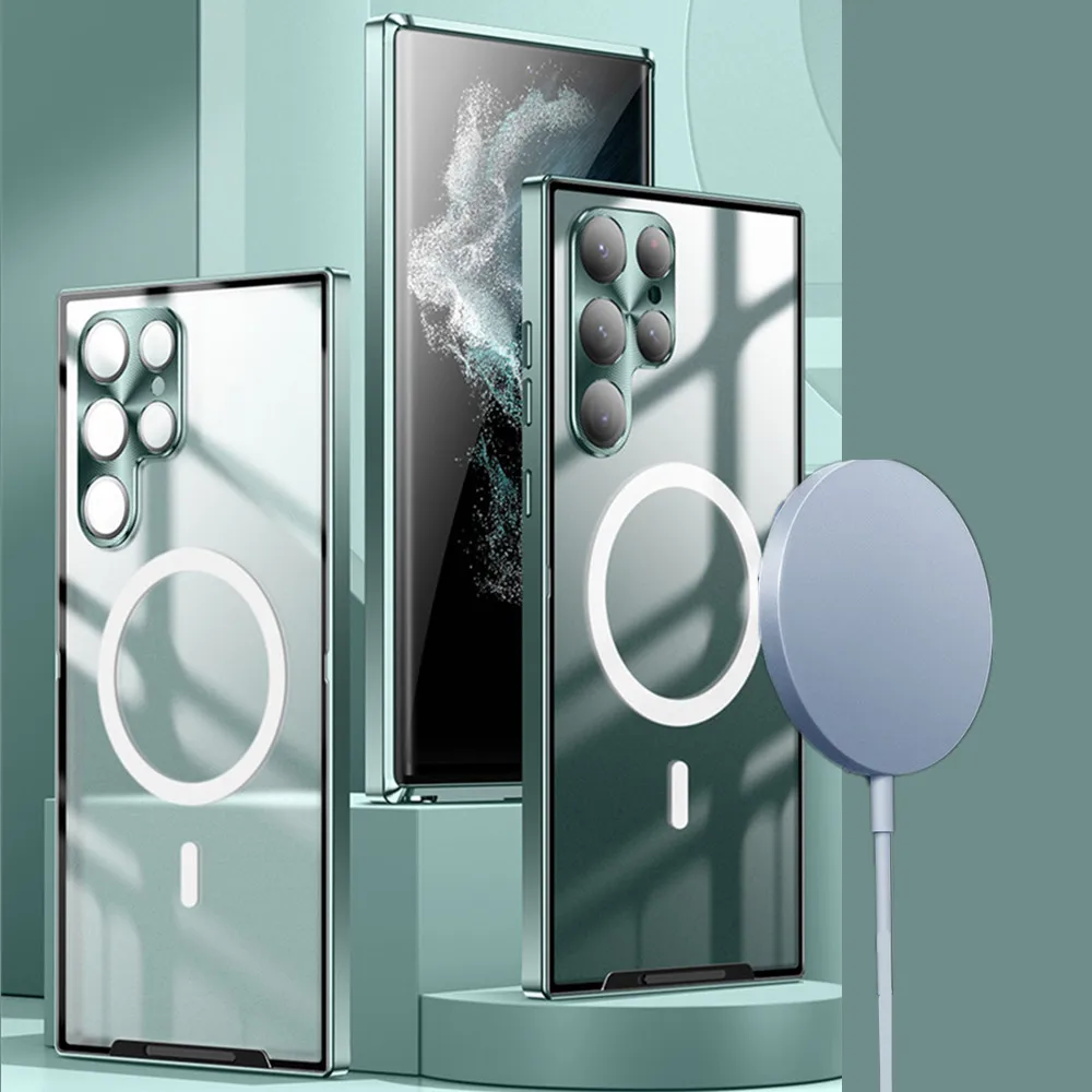 

Матовый полупрозрачный Магнитный чехол из поликарбоната для беспроводной зарядки для Samsung Galaxy S22 Ultra S21, Защитный металлический бампер из сплава для камеры