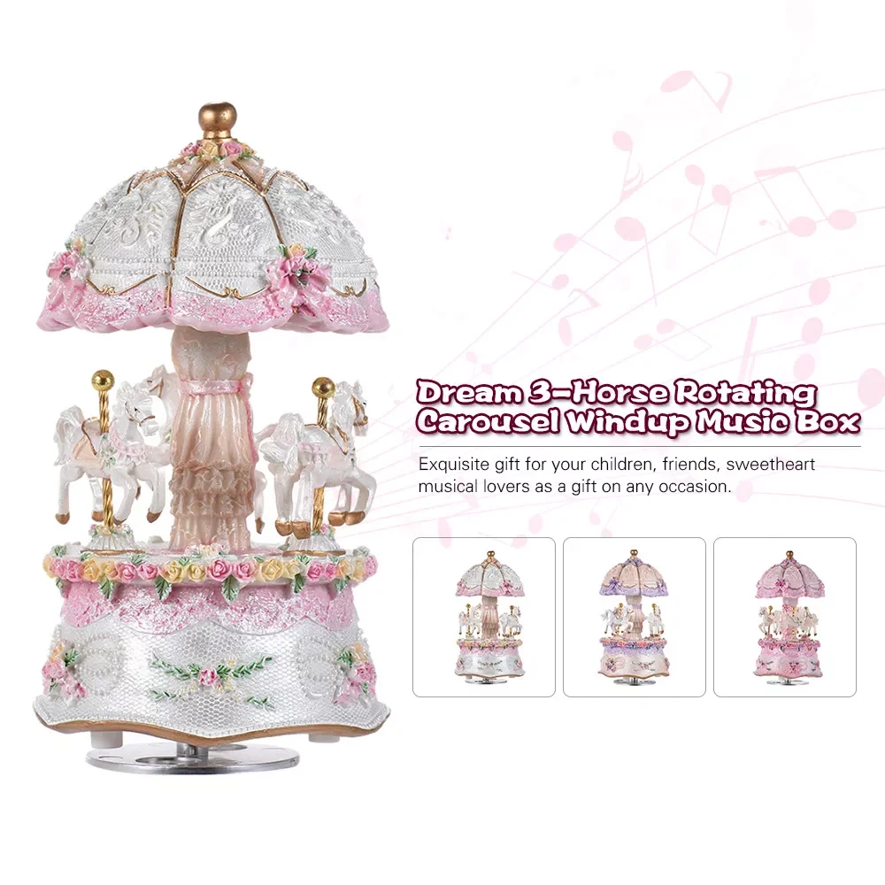 

Luxury Dream Music Box 3-Horse Rotating Carousel Merry-go-round Windup with Colorful Color Change LED Luminous Light Melody Box