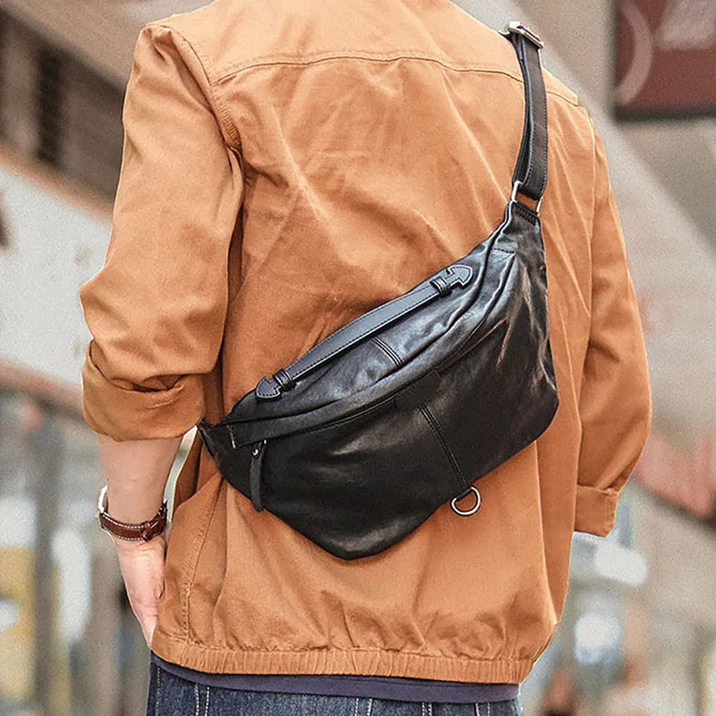 Simple casual luxury natural real leather men large-capacity black chest bag outdoor daily retro soft cowhide teenager waist bag